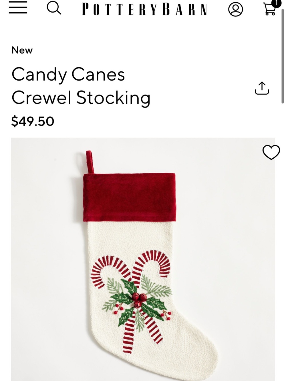 Pottery Barn Candy Canes Crewel Stocking